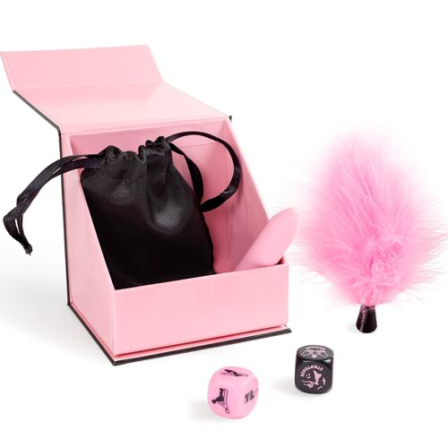 SECRET PLAY - PLEASURES BOX PER COPPIE: DADI + PROIETTILE VIBRANTE + PENNA CON PIUMA